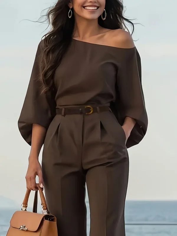 Off-Shoulder Two-Piece Set – Balloon Sleeve Blouse & Wide-Leg Pants - Image 4