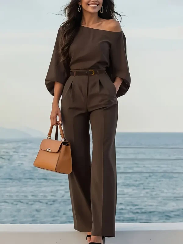 Off-Shoulder Two-Piece Set – Balloon Sleeve Blouse & Wide-Leg Pants - Image 3