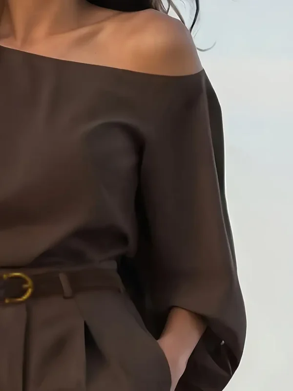 Off-Shoulder Two-Piece Set – Balloon Sleeve Blouse & Wide-Leg Pants