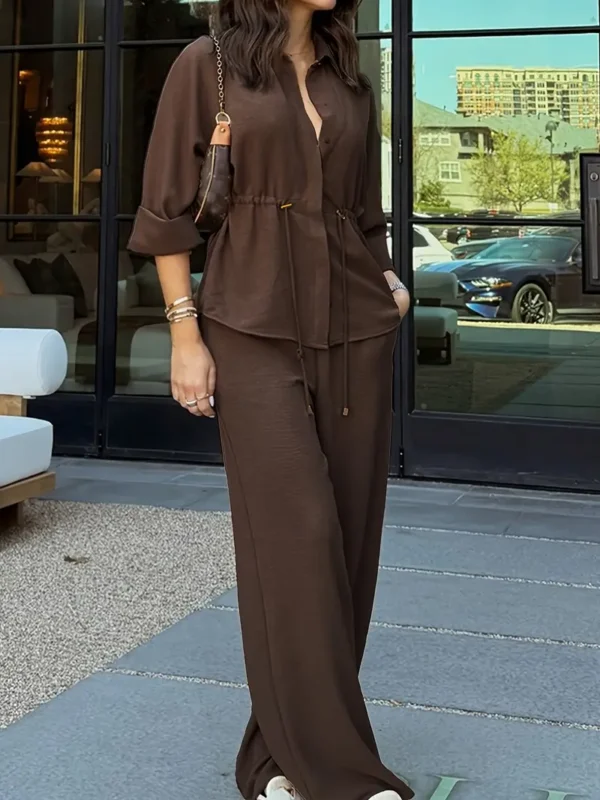 French Vintage Two-Piece Set – Button-Up Top & Wide-Leg Pants