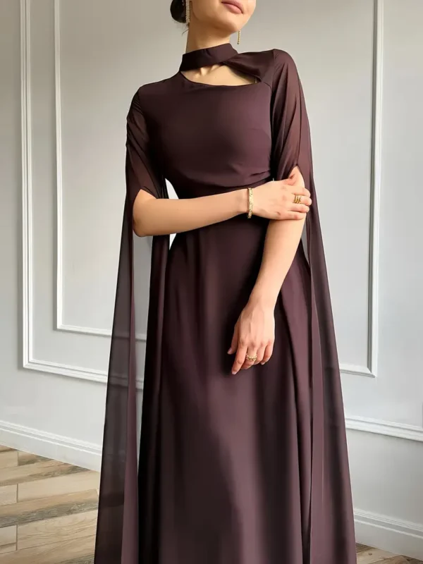 Elegant Evening Long Dress Cape Sleeves & Lace-Up Back
